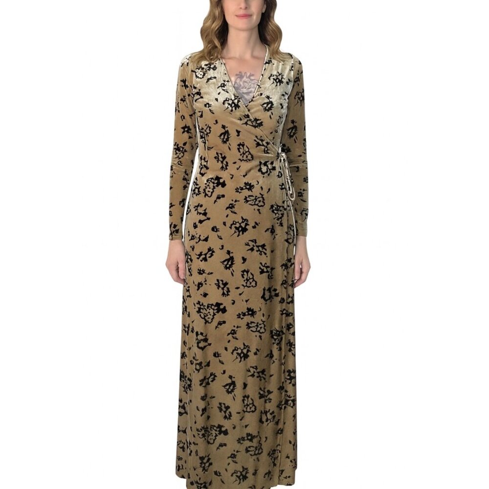 Vintage Isabella Bird Velvet Floral Maxi Wrap Dress Tan Black Small